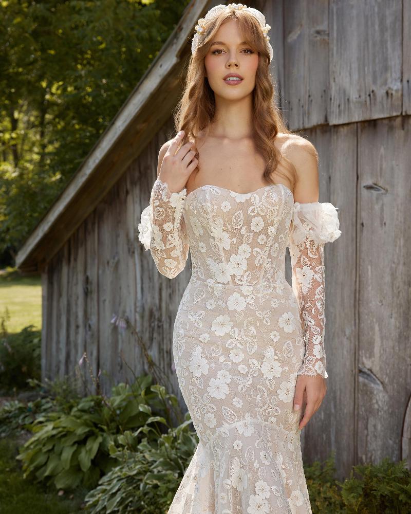Lp2205 strapless or long sleeve boho wedding dress with lace4